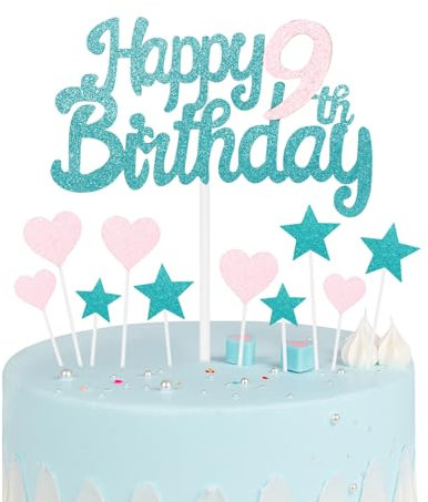 Blue Pink 9th Birthday Cake Topper, Glitter Heart Stars Cake Toppers, Personalised Happy Birthday Cake Cupcake Toppers for Women Girls Baby Party Supplies