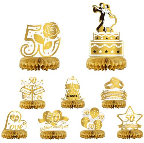 HONMOK 9 Stück 50. Goldene Hochzeit Dekoration 50. Hochzeitstag Waben Deko 50 Jubiläum Bienenwaben Tischaufsätze Mittelstücke Hochzeitsdeko für Goldene Hochzeit Jahrestag Tischdekoration