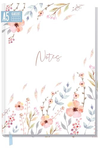 Notizbuch A5 kariert Sweet Flowers von Trendstuff by Häfft - 124 Seiten, 62 Blatt - ideal als Tagebuch, Bullet Journal, Ideenbuch, Schreibheft - nachhaltig & klimafreundlich