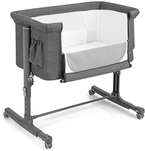 DREAMADE 2 in 1 Beistellbett, 5-stufig Höhenverstellbar Reisebett mit Matratze & Rollen, 86 x 63cm Stubenwagen Baby ab Geburt bis 9 kg, 10° Neigung Babybett (Dunkelgrau)