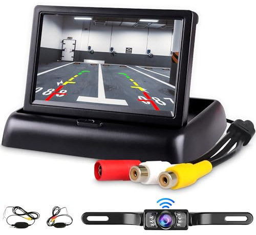 Kabellos Rückfahrkamera Set für Auto mit 4,3 Zoll TFT LCD Faltbare Monitor, Drahtlos Nummernschild Rückfahrkamera IP68 Wasserdichter, Nachtsicht, Rückwärtshilfe, für SUV/Bus/LKW/KFZ/Anhänger/Wohnmobil
