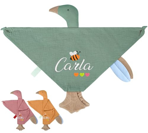 Kodinsiivous Personalisiertes Baby-Schmusetuch Mit Namen - 100% Musselin Bio-Baumwolle Schnuffeltuch, Geschenk zur Geburt für Junge & Mädchen, Babydecke (Bohnengrün)