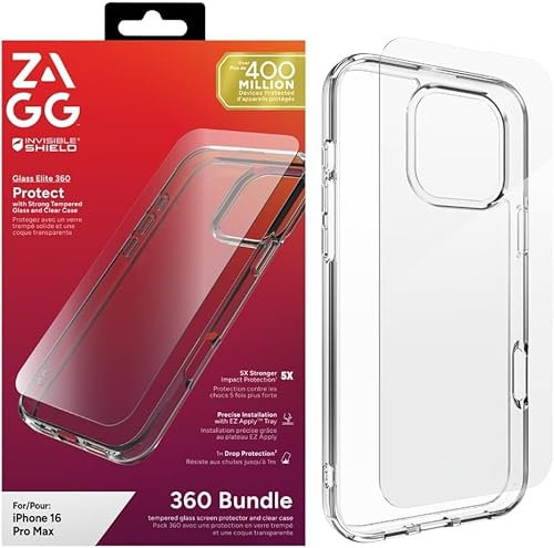 ZAGG InvisibleShield Glass Elite 360 Bundle Tempered Glass Screen Protector and Phone Case for iPhone 16 Pro Max [6.9-Inch], Smudge & Scratch-Resistant, Shockproof, Easy Application (Transparent)