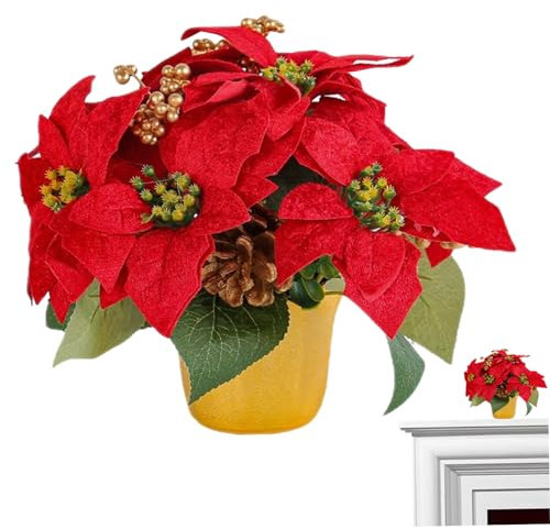 Flores artificiales de Pascua en maceta dorada, 7 cabezas, flores navideñas rojas, 11 x 7,9 pulgadas, flores de Pascua artificiales realistas para mesa, para el hogar, la oficina, la fiesta en el