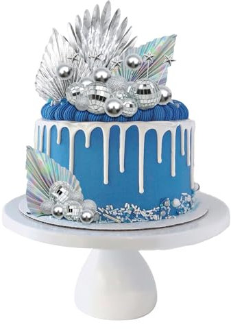 40 Pcs Cake Decorations Set, VEGCOO Sliver Disco Balls Cake Toppers Stars Foam Balls Palm Leaves Cake Toppers, 70s Party Supplies DIY Cake Decorations for Birthday Wedding Rock Theme Party Decor