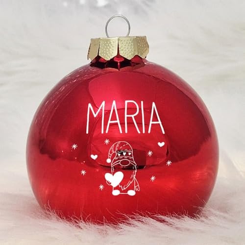 Personalisierte Weihnachtskugel aus Echtglas, 8 cm mit Deinem Namen & Wunschmotiv (01_Rot, Wichtel)