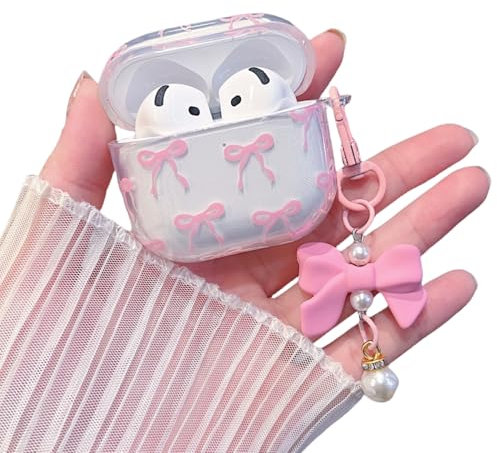 MINSCOSE Kompatibel mit AirPods 4 Klar Hülle,Niedliche Schleife Muster Kawaii Ribbon Mädchen Design mit Bogen Perle Schlüsselanhänger,Weiche TPU schützende stoßfeste Hülle für AirPods 4-Rosa