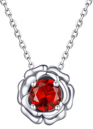 FOCALOOK Collier Femme Fleurie Rose en Argent 925 avec Pierre de Naissance de Juillet, Pendentif Serti de Faux Rubis avec Chaîne de 50cm