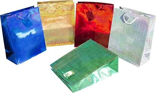 HEKU bunte XL-Geschenktaschen mit Hologramm-Beschichtung, 10 Stück I 5 Farben (rot, silber, dunkelgrün, gold, dunkelblau), 32,5x26x12,5 cm I Umweltfreundlich & Wiederverwendbar