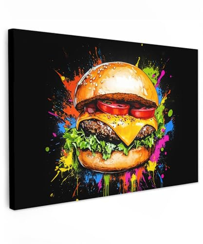 MuchoWow© Bild auf Leinwand Groß 120x80 cm XXL Schlafzimmer Bilder Badezimmer Wand Deko Wohnzimmer Modern Wanddeko Bilderwand Geschenk Hamburger - Graffiti - Farbe - Bunt - Essen - Abstrakt