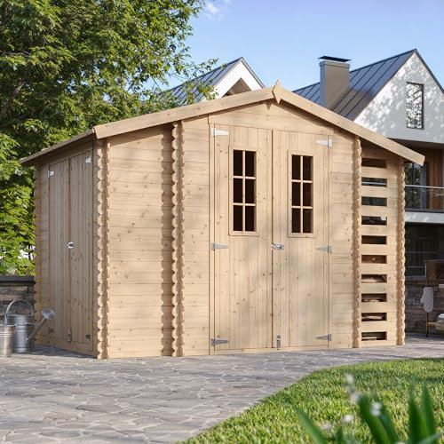 Holzhaus Gartenhaus mit Brennholzschuppen TIMBELA M389C+M389G - mit Boden Imprägnierte B328xL206xH218 cm/ 3,53 + 0,97 + 0,97 m2 Lagerschuppen für Garten - Fahrrad Schuppen - Wasserfestes Dach