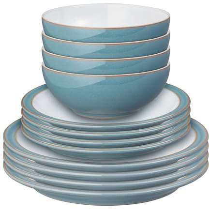 Denby - Azure Rimmed 12 Piece Dinner Set - Dishwasher & Microwave Safe Ceramic Crockery - Glaze Effect - Stoneware Tableware - Chip, Crack Resistant - Dinner Plates, Small Plates & Cereal Bowls