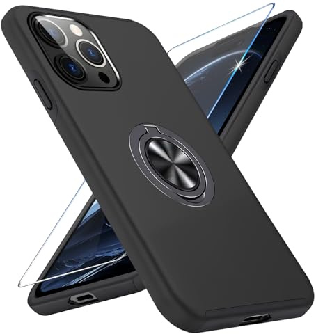 Vaki Handyhülle für iPhone 15 Pro Hülle mit Schutzfolie, Schutzhülle Case mit 360° Magnetischer Ring Ständer Kratzfest Fallfestigkeit Stoßfest für iPhone 15 Pro Cover (Schwarz)