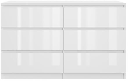 YUMEBLY Kommode mit 6 Schubladen | Weiß - glänzende Vorderseite 120 cm Ideal für Schlafzimmer Wohnzimmer Kinderzimmer und Büro | Große geräumige Schubladenschrank | 120x75x40 cm