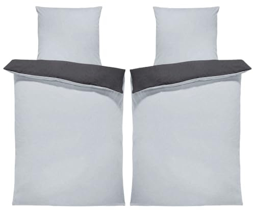 one-home Winter Bettwäsche Doubleface Uni Wende kuschelig flauschig warm weich Fleece, Größe:4 teilig 155x220 cm, Farbe:grau/anthrazit