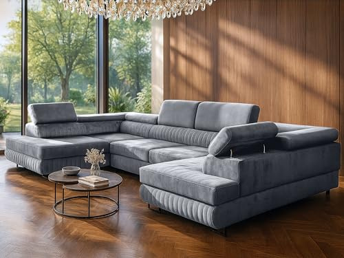 U-Form Ecksofa Magnum U, große Wohnlandschaft mit Schlaffunktion & 2 Bettkästen, wasserabweisend, pflegeleicht & haustierfreundlich, modernes Schlafsofa fürs Wohnzimmer (Hellgrau)