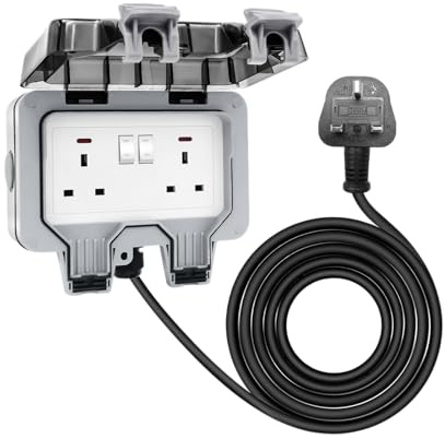 Double Socket Box, Dual Socket with 13Amp 2 Gang Outside Plug Socket, 10M Extension Lead, Lockable Transparent Cover Wall Electrical Outlet for Garage, Yard, Garden (10M Cable)