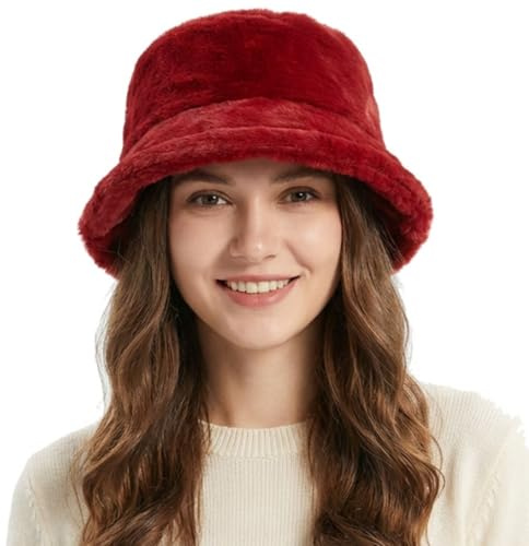 HIQIU Fischerhut Damen Winter Fuzzy Flauschig Pelzige Warme Bucket Hat