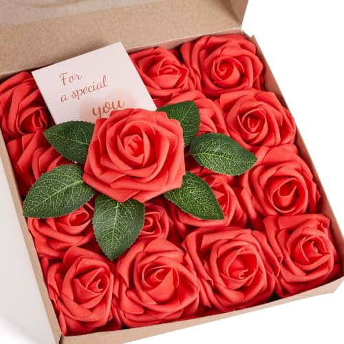 Sahoottie Rote Künstliche Rosen Fake Schaumstoff Rosen Köpfe mit Stiel Rote Kunstrosen Blumen Deko Kunstrosen für DIY Hochzeit Blumensträuße Braut Zuhause Dekoration Geburtstagsdeko Valentinstag(16PC)