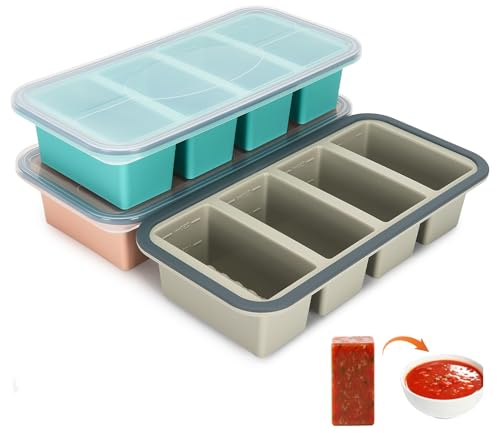 Moule de congélation en silicone avec couvercle, lot de 3, 4 compartiments, pour soupe, bouillon, sauces et préparation des repas, graduation 125/250 ml, sans BPA, empilable