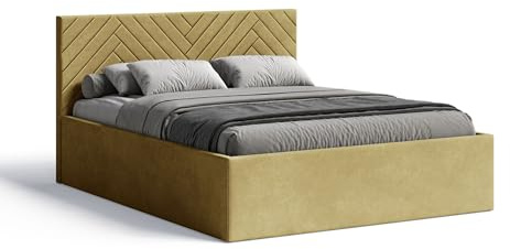 Meblofun Polsterbett ABETE mit Kopfteil, 180x200 cm, Doppelbett mit Bettkasten und Lattenrost aus Holz, Velourstoff, Farbe: Gelb