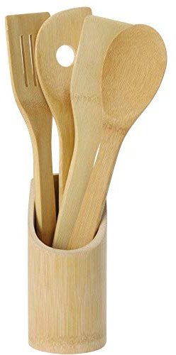Cuchara de Madera Set/Utensilios de Cocina bambú 5 Piezas con Cuchara Agujero Paleta Espátula (Espátula y Redondo Cubiertos Cesta