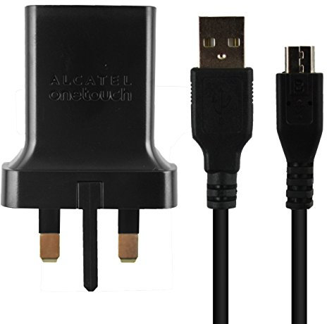 Emartbuy Genuine Alcatel Black 3 Pin UK Mains 1 Amp USB Plug Port Charger + Micro USB Cable Suitable for Alcatel Pixi 4 (4.0), Pixi 4 (4.5), Pixi 4 (5.0) & Pixi 4 (6.0) in Bulk Packaging