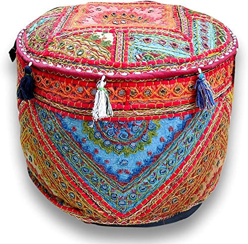 Sophia-Art Indian Embroidered Patchwork Cover Indian Decorative Pouf Indian Comfortable Floor Cotton Cushion Ottoman Pouf,Indian Designs Ethnic Patchwork Pouf (Änderungsspiegel, 18 x 13)