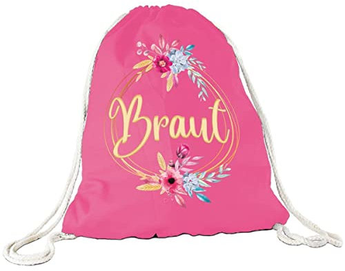 Tassendruck Stoffbeutel - Braut Blumenkranz - Junggesellinnenabschied/JGA/Party/Spaß/Rucksack/Turnbeutel/Gym-Bag - Pink 1 Stück