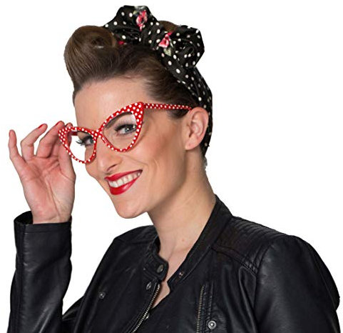 NET TOYS Angesagte Rockabilly Brille mit Polka Dots - Weiß-Rot - Hinreißendes Damen-Kostüm-Zubehör 50er Jahre Partybrille Pin Up Girl - Bestens geeignet für Mottoparty & Fasching