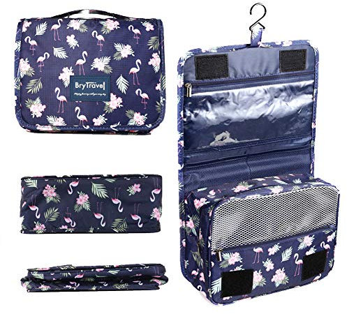 BryTravel Pliable Trousse de Toilette avec Crochet, Upgraded Trousse Maquillage de Voyage, Grande Capacité Etanche Cosmétique Sac Organisateur, pour Voyage Déplacement Gym Camping, Blue Flamingo, M