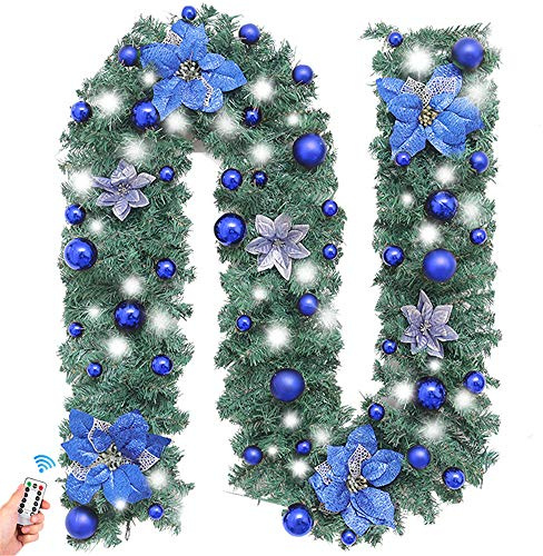 Treer Weihnachtsgirlande mit Beleuchtung, Tannengirlande Batterie Remote 8 Modus Lichterkette Weihnachten Dekoration für Innen und Außen Verwendbar (Kaltes Weiß,Blau)