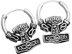 Vikings Creolen Mjölner Ø 17 mm Wikinger Thorshammer Ohrringe Antik 925 Sterling Silber