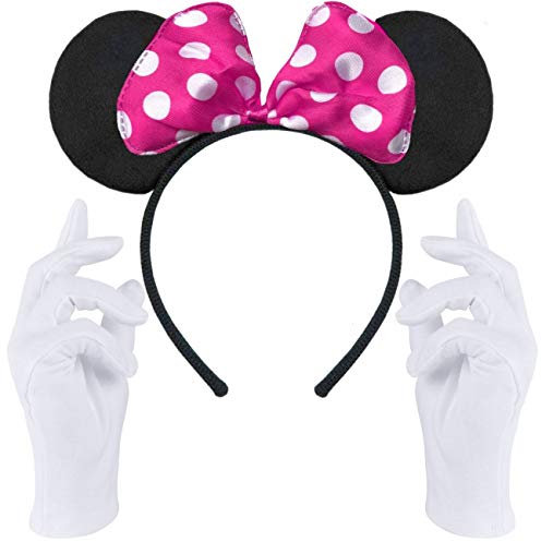 Haarreifen in schwarz mit Maus Ohren mit Schleife in pink + weiße Handschuhe | Haarschmuck für Kinder & Erwachsene | Kostüm Accessoire für Fasching & Karneval