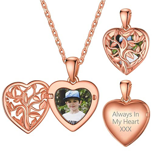 Supcare 925 Sterling Silver Locket Necklace for Women, Rose Gold Heart Photo Engraved Necklaces Tree of Life Jewellery, Personalised Memorial Neck Chain 16+2 inches