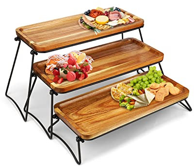 Plateau de service à 3 étages en bois d'acacia