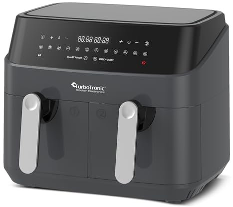 TurboTronic Doppel Heißluftfritteuse XXL, digitale Heißluft-Fritteuse, 9L (2x 4,5L Doppelkammer), 12 Programme, Airfryer, Fritteuse ohne Fett (grau)