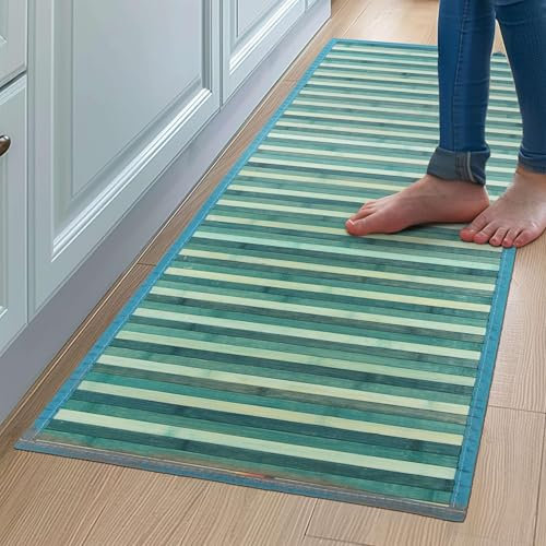 CosìCasa Tapis Cuisine Bambou - 50x75 cm Antidérapant et Résistant à l'eau - Tapis de Bain Bambou en Bois Naturel Durable - Tapis Bambou Salle de Bain Effet Multicolore Facile à Nettoyer - Bleu
