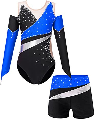 inlzdz Mädchen Zweiteiliger Turnanzug Gymnastikanzug Langarm Turnbody Tanzbody mit Strass Shorts Tanzshorts Kurz Jogginghose Gymnastikbody Ballettkleidung Blau 146-152