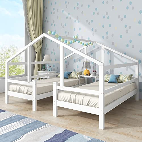 ZYLOYAL10 Hausbett für 2 Kinder, Zwei Einzelbetten unter einem Dach im Hausbettdesign mit Nachttisch und Lattenrost,Jugendbett 90 * 200 mit Rausfallschutz,Weiß