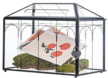 NCYP 32cm Boîte à cartes vintage en verre noir avec fente et verrou pour réception de mariage,Terrarium géométrique fait à la main, décoration de fête (Boîtier en verre et serrure uniquement)