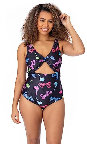 Barbie Maillot de Bain Ladies | Femmes Adultes Noir Costume de Natation Rose Bleu Vert Palmier Logo Poupée | Nœud Avant Deux Sangles Cossie Swimwear Merchandise