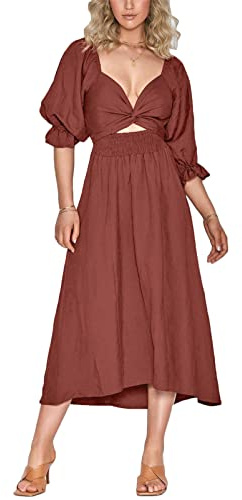 Imbry Sommerkleid Damen Krawatte Vorne Strandkleid Midikleid Convertible Brautkleid Abendkleid Kleid (L,B-08)