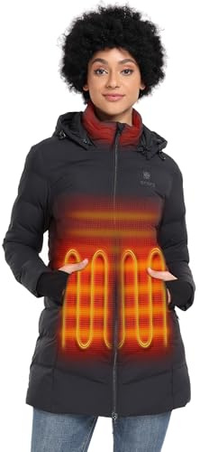 ORORO Women's Long Heated Puffer Jacket with Battery | Collar-to-pocket warmth, water and wind resistant, lightweight THERMOLITE insulation, two-way zip, machine washable