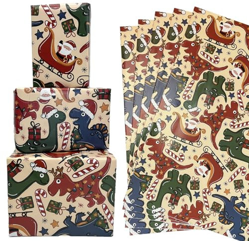 Dtiafu Dinosaurier-Geschenkpapier für Jungen und Mädchen – 8 Blatt Dino Weihnachtsgeschenkpapier mit Weihnachtsmann-Küßerstange Freude für Geburtstag, Hochzeit, Urlaub – niedliches cremefarbenes