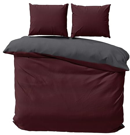 one-home Seersucker Bettwäsche Unifarben Wende Doubleface Sommer Mikrofaser Bettbezüge, Größe:3 teilig 240x220 cm, Farbe:Bordeaux/anthrazit