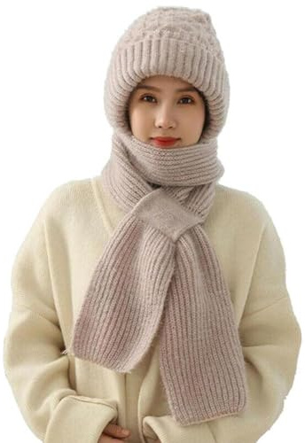 SHUZHENG Écharpe coupe-vent avec protège oreilles intégré, bonnet épais, écharpe 2 en 1, chapeau coupe-vent, écharpe tricotée chaude pour femme