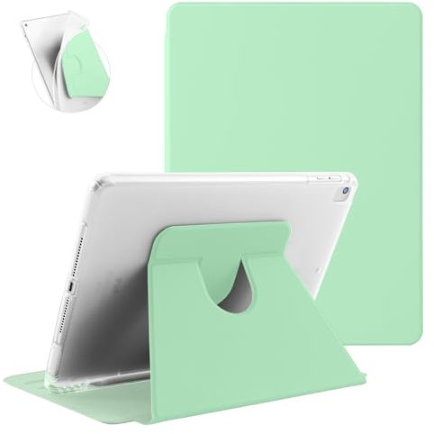 Koze Funda Rotación para iPad 9,7 Pulgadas iPad 6.ª 5.ª generación y iPad Air 1 2 con Portalápiz, Carcasa Visión Multiángulo Giratoria 360°, Cubierta Trasera Translúcida Suave Antigolpes, Verde Menta