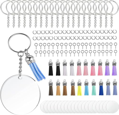 ANBOWEI Acryl Schlüsselanhänger Rohlinge Set, mit Acryl Transparent Kreis, Schlüsselring mit Kette, Quasten Anhänger Leder, Biegeringe und Screw Eyes für DIY Basteln - 140 Stück