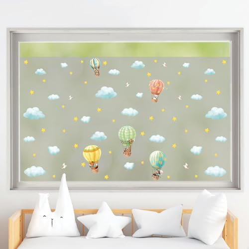 Wandtattoo Loft Sichtschutzfolie Kinderzimmer mit bunten Heißluftballons und Wokeln als Motiv, Bunte Fensteraufkleber, Milchglasfolie, Kinder Fensterdeko, Dekoration Fenster, Fensterfolie Blickdicht